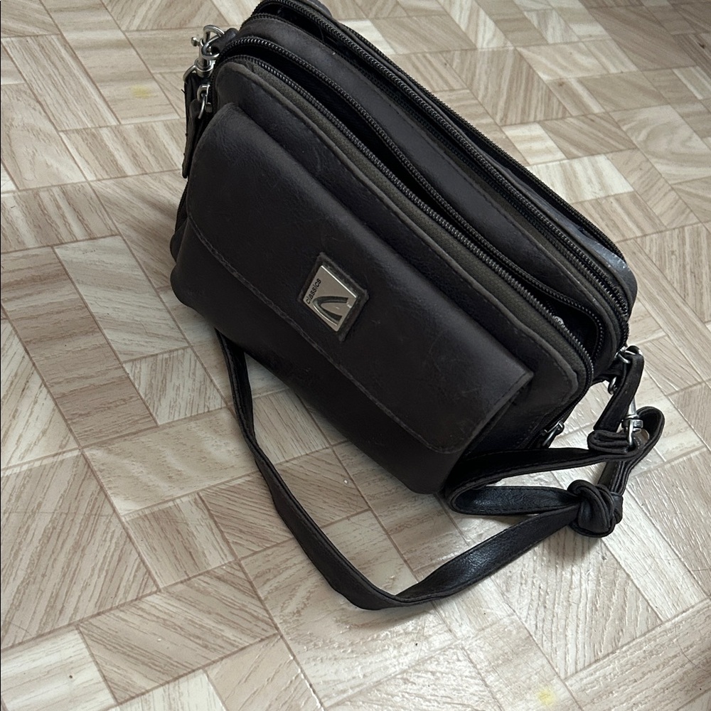 Sleek Brown Leather Classics Bag with phone holder & mirror
